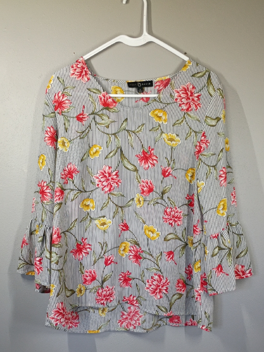 Fred David Womes's Floral Stripe Bell-Sleeve Top Size Small